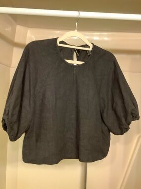House of Harlow 1960 Black Puff-Sleeve Linen Cropped Top